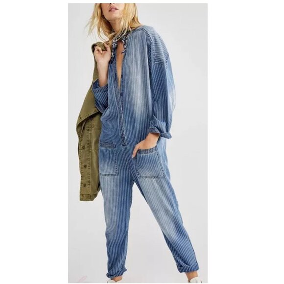 Free People Sandrine Rose Kimono Railroad Striped Jumpsuit XS